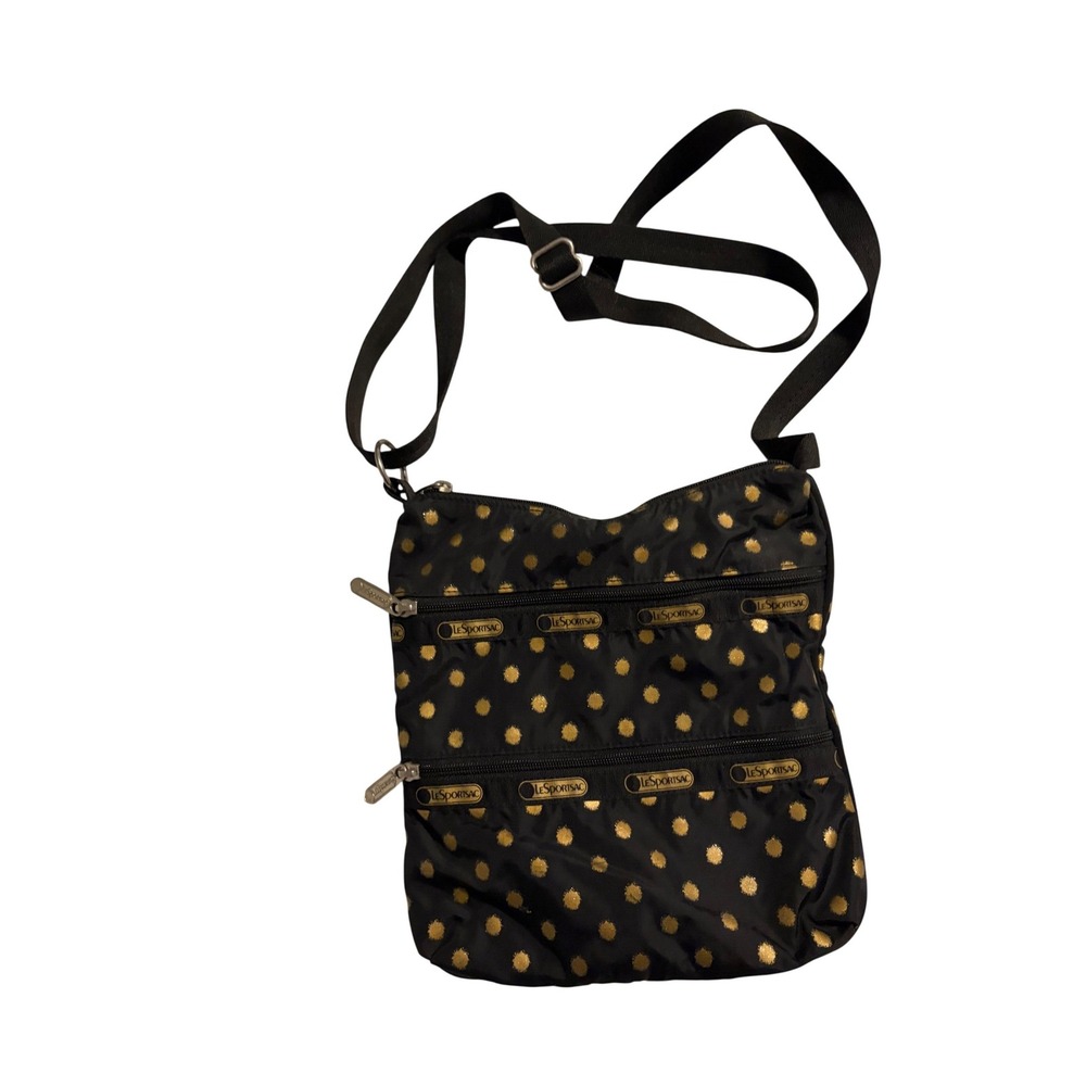 LeSportsac Black Gold Metallic Polka Dot Nylon Crossbody Bag Multi Zip Pocket